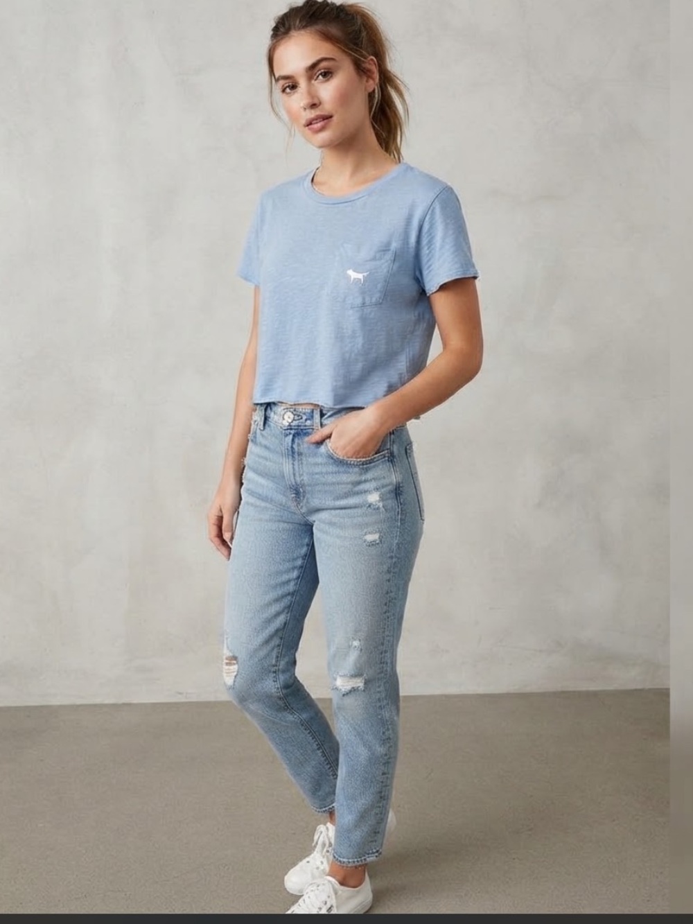 Victoria's Secret PINK Blue Crop Top T-Shirt Size L Large Pocket Dog Logo Cotton